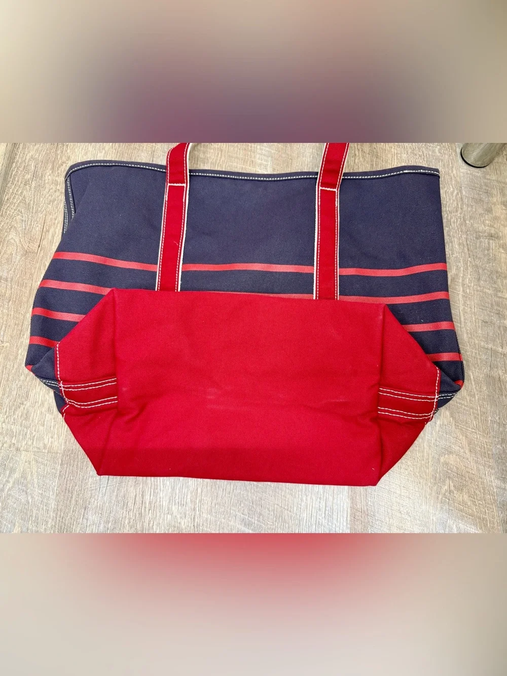 Lands' End Large Striped Canvas Boat Tote Bag Navy Red Monogram CDS 18